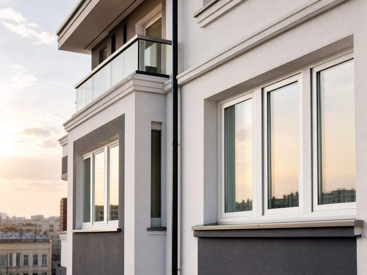 Apartman cephesinde beyaz PVC pencere sistemleri
