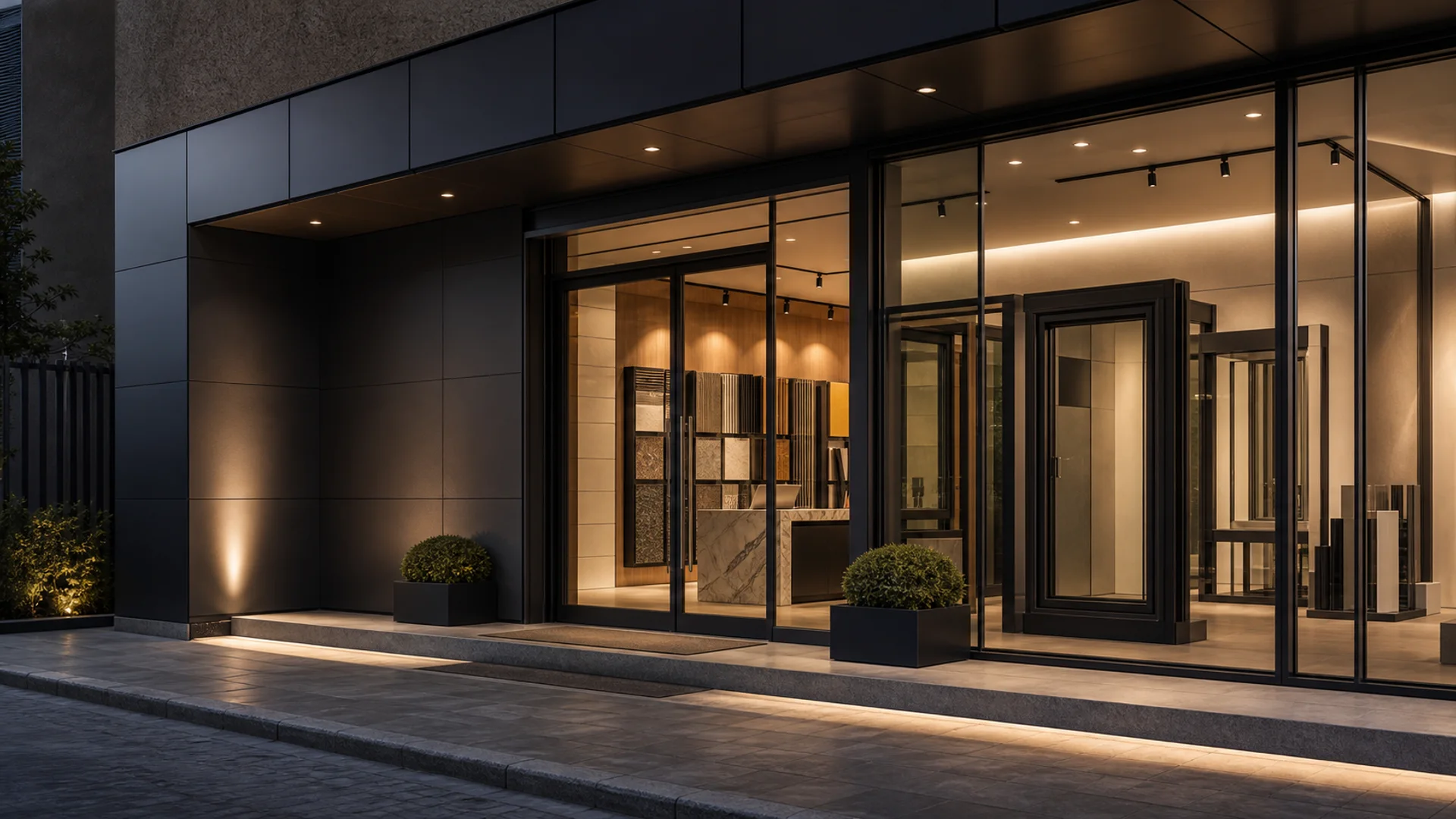 Premium cephe ve doğrama showroom girişini gösteren fotogerçekçi mimari görünüm